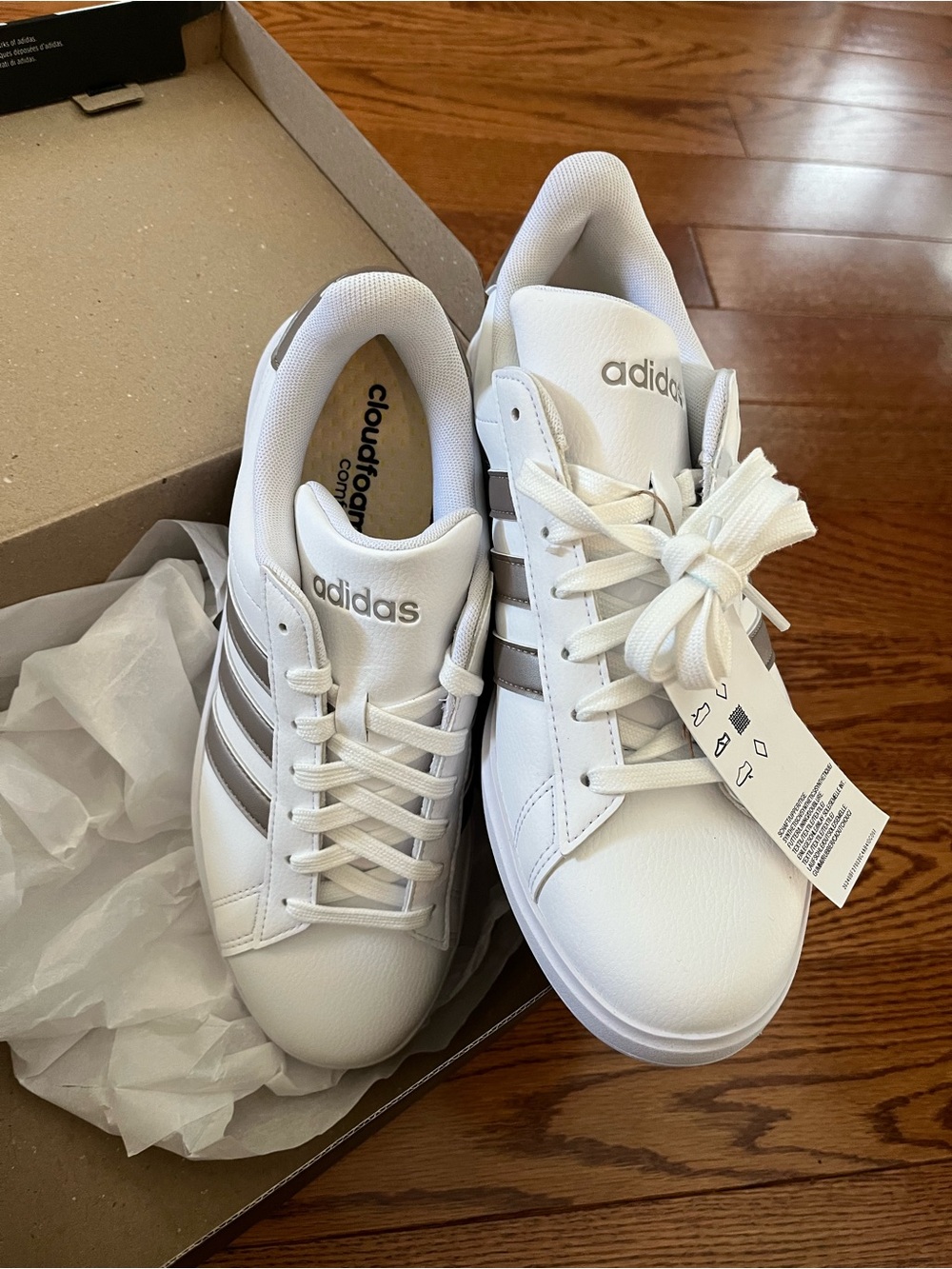 adidas Women’s White Grand Court 2.0 with Metallic Stripes